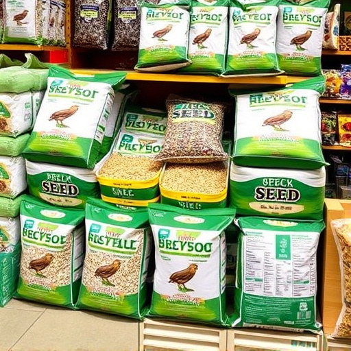 Retail display of bulk bird seed bags