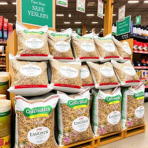 Retail display of bulk bird seed bags