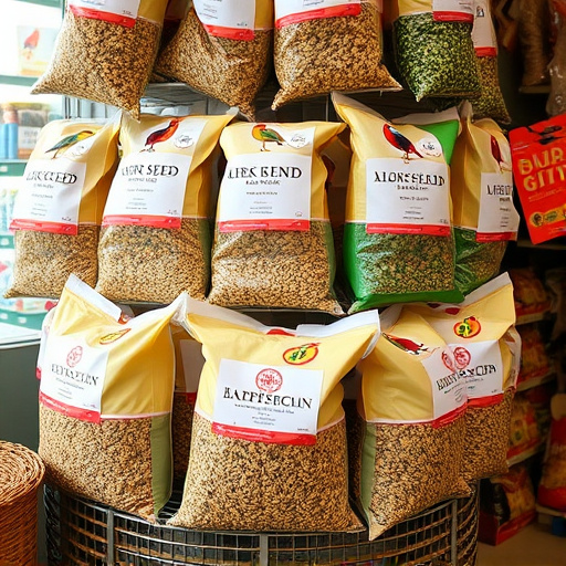 Retail display of bulk bird seed bags