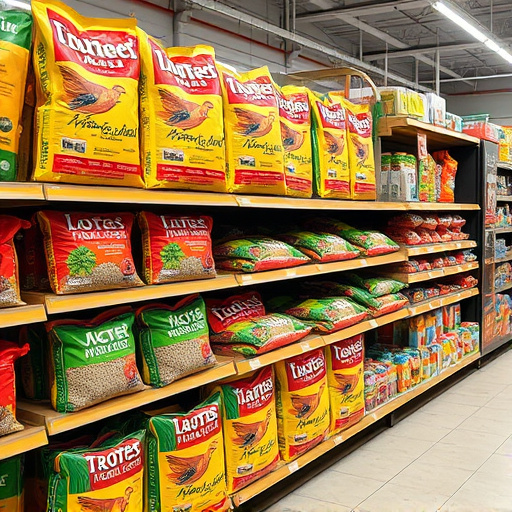 Retail shelf stacked with bird seed bags