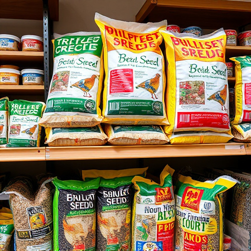 Retail shelf stacked with bird seed bags