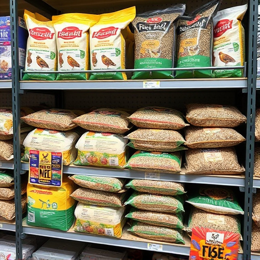 Retail shelf stacked with bird seed bags