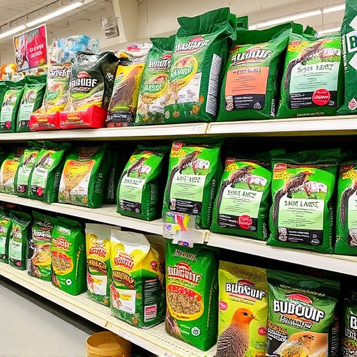 Retail shelf stacked with bird seed bags