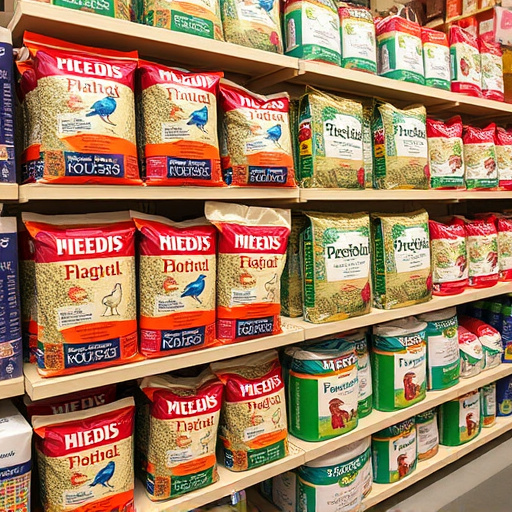 Retail shelf stacked with bird seed bags
