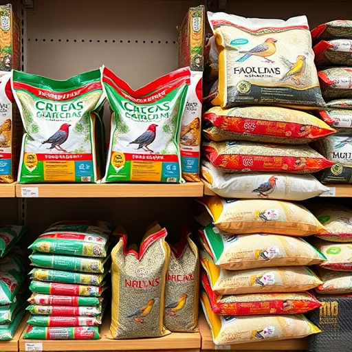 Retail shelf stacked with bird seed bags