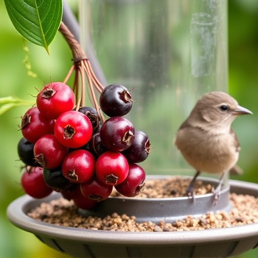 Ripe berries on garden bird feeder