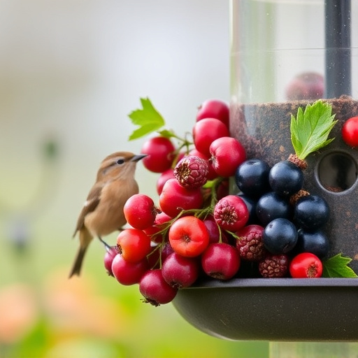 Ripe berries on garden bird feeder