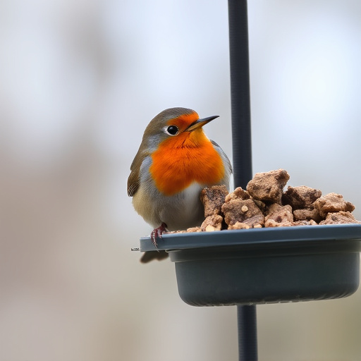 Robin eating from suet pellet feeder