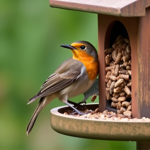 Robin eating from suet pellet feeder