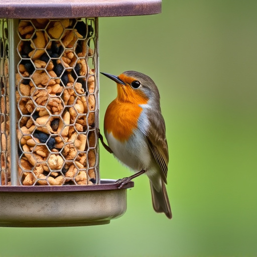 Robin eating from suet pellet feeder