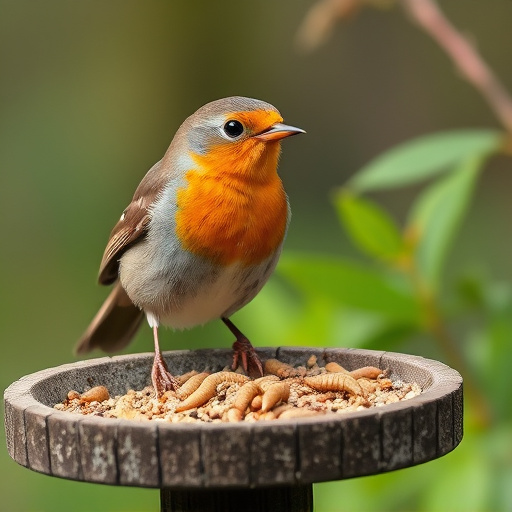 Robin eating mealworms from bird table