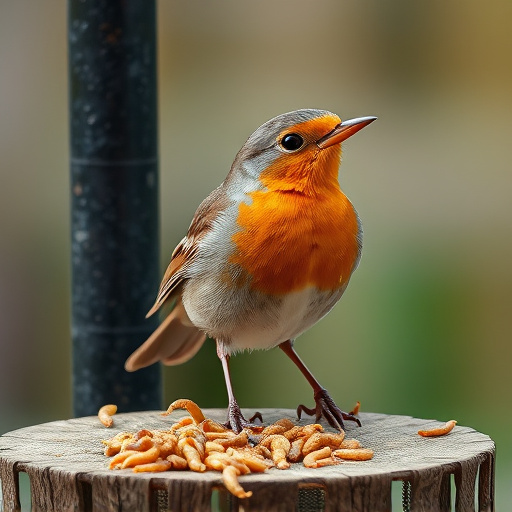 Robin eating mealworms from bird table