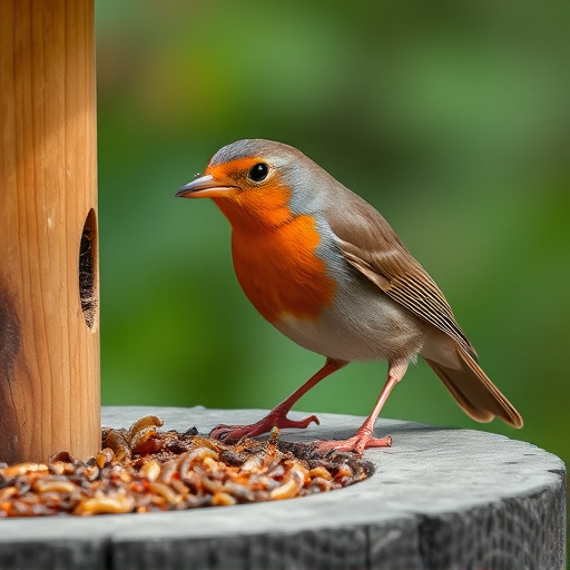 Robin eating mealworms from bird table