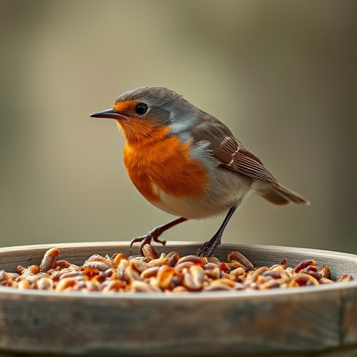 Robin eating mealworms from bird table