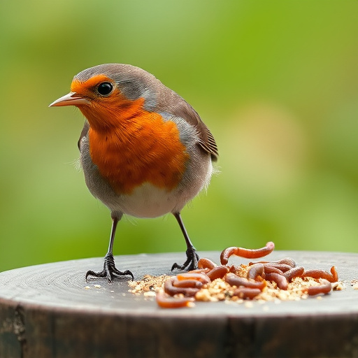 Robin eating mealworms from bird table