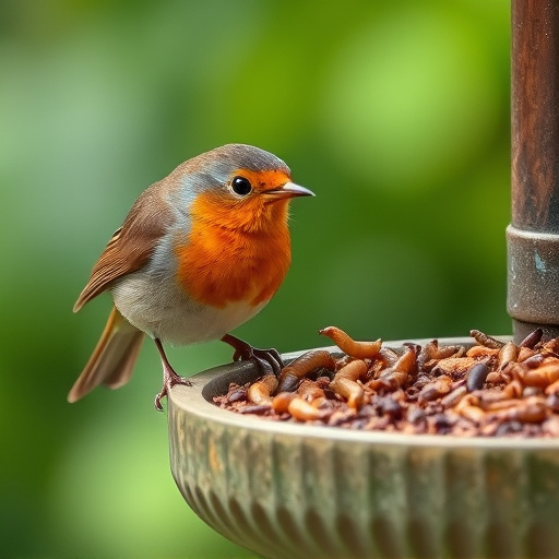 Robin eating mealworms from bird table