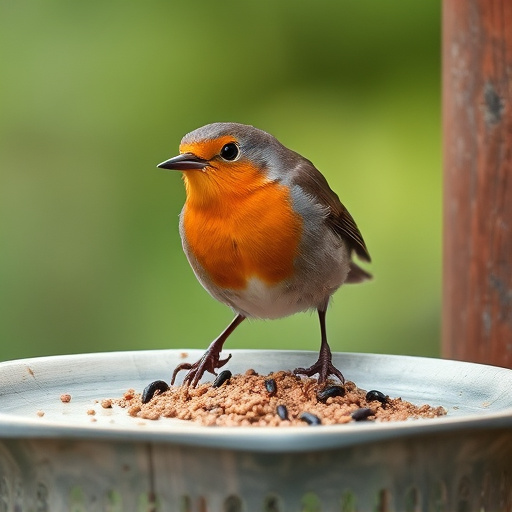 Robin eating mealworms from bird table