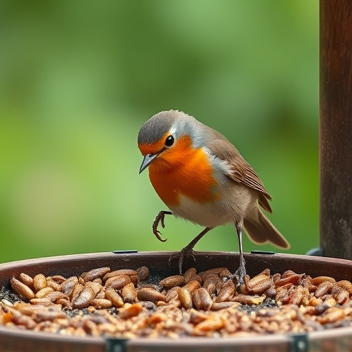 Robin eating mealworms from bird table