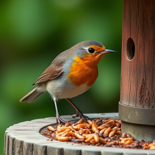Robin eating mealworms from bird table