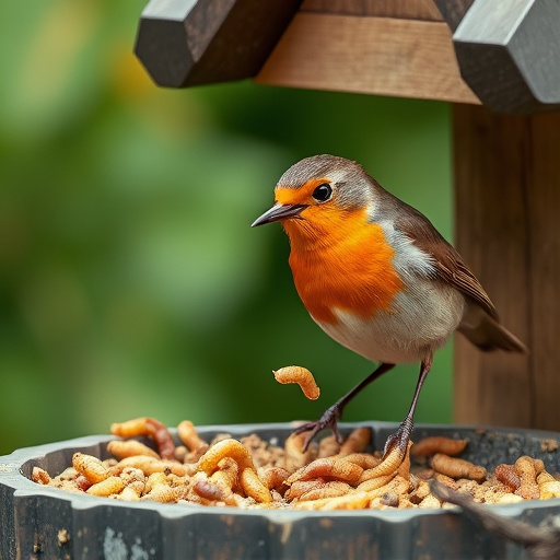 Robin eating mealworms from bird table