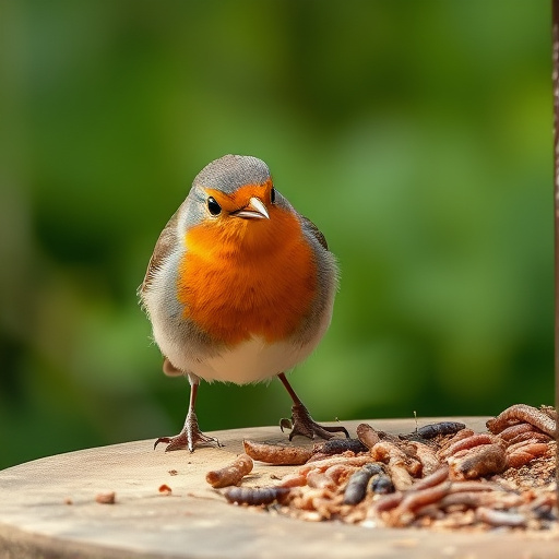 Robin eating mealworms from bird table