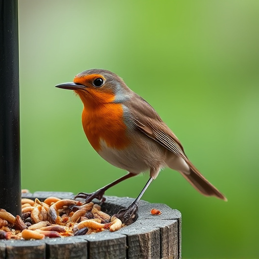 Robin eating mealworms from bird table