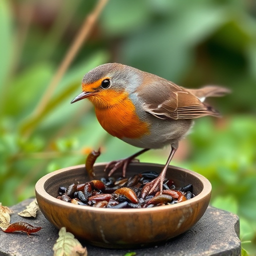 Robin eating mealworms from garden dish