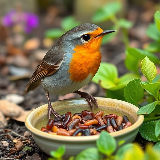Robin eating mealworms from garden dish