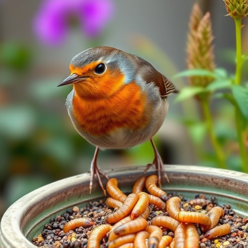 Robin eating mealworms from garden dish