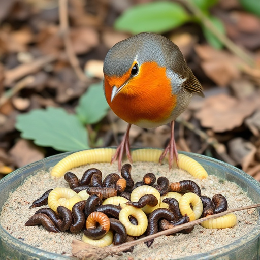Robin eating mealworms from garden dish