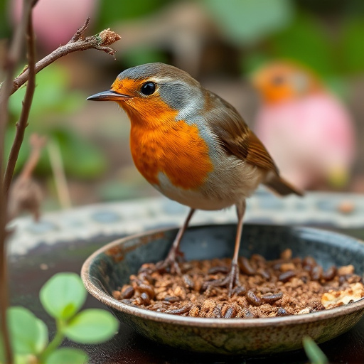 Robin eating mealworms from garden dish