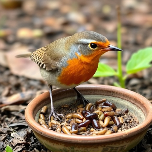Robin eating mealworms from garden dish