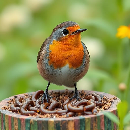 Robin eating mealworms from garden dish