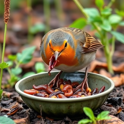 Robin eating mealworms from garden dish