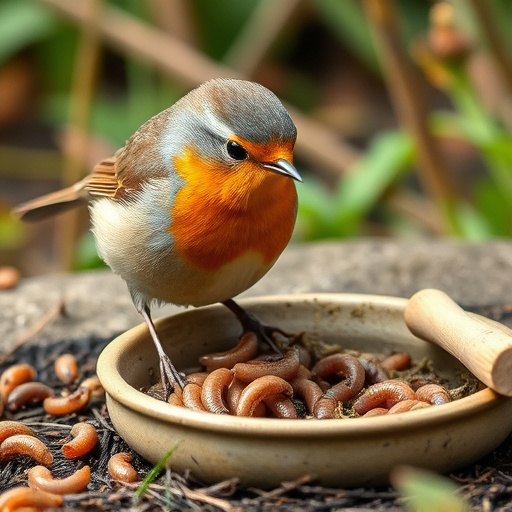 Robin eating mealworms from garden dish