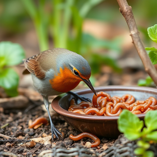 Robin eating mealworms from garden dish