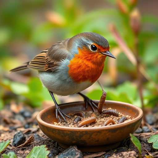 Robin eating mealworms from garden dish