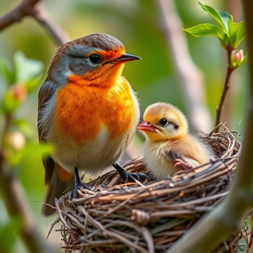 Robin feeding chick in spring nest