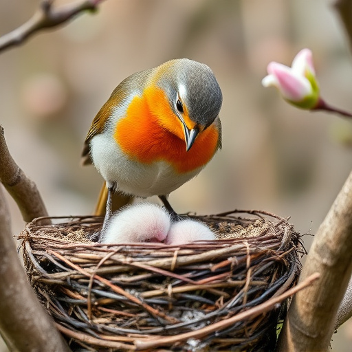 Robin feeding chick in spring nest