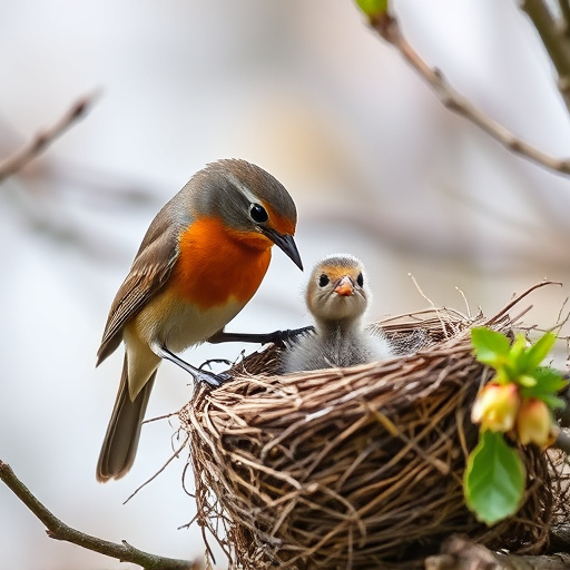 Robin feeding chick in spring nest