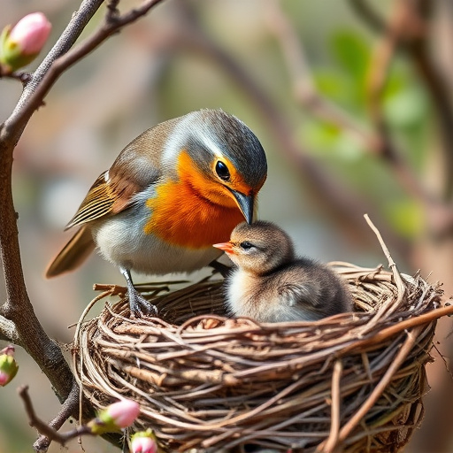 Robin feeding chick in spring nest