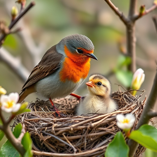 Robin feeding chick in spring nest