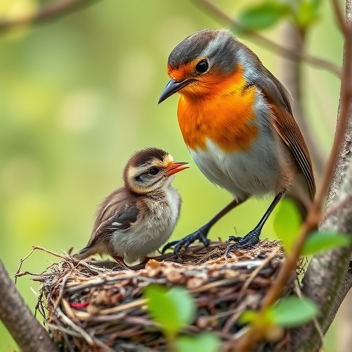 Robin feeding chick in spring nest