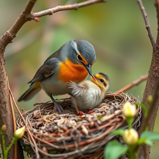 Robin feeding chick in spring nest