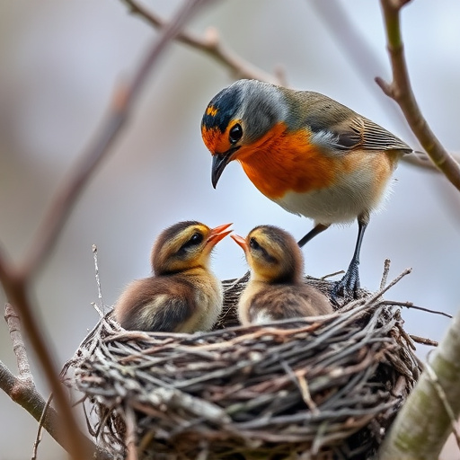 Robin feeding chick in spring nest
