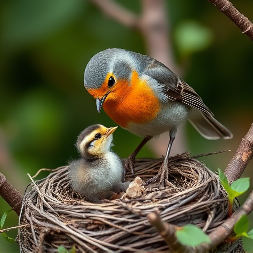 Robin feeding chick in spring nest