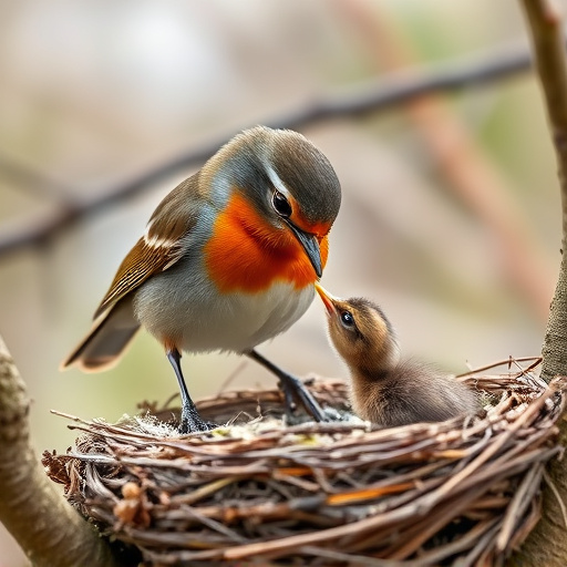 Robin feeding chick in spring nest