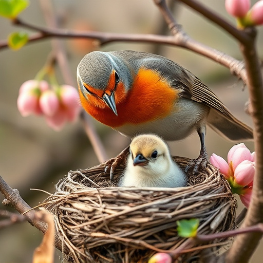 Robin feeding chick in spring nest