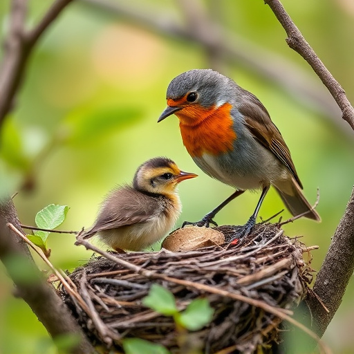 Robin feeding chick in spring nest