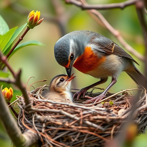 Robin feeding chick in spring nest